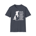 navy heather shirt with white silhouette of a cat and dog beside the words “Rescue the Mistreated, Save the Injured, Love the Abandoned.” Animal rescue awareness design supporting adopt don’t shop, TNR, and shelter pet advocacy.