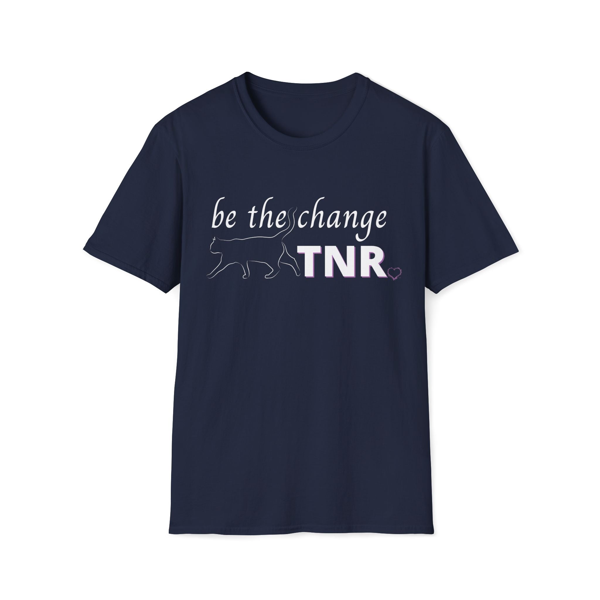 Navy Tee with bold text TNR Be the Change with minimalist line art design of a cat with upright tail and a small heart designed to appeal to Trap Neuter Release advocates and feral cat trappers