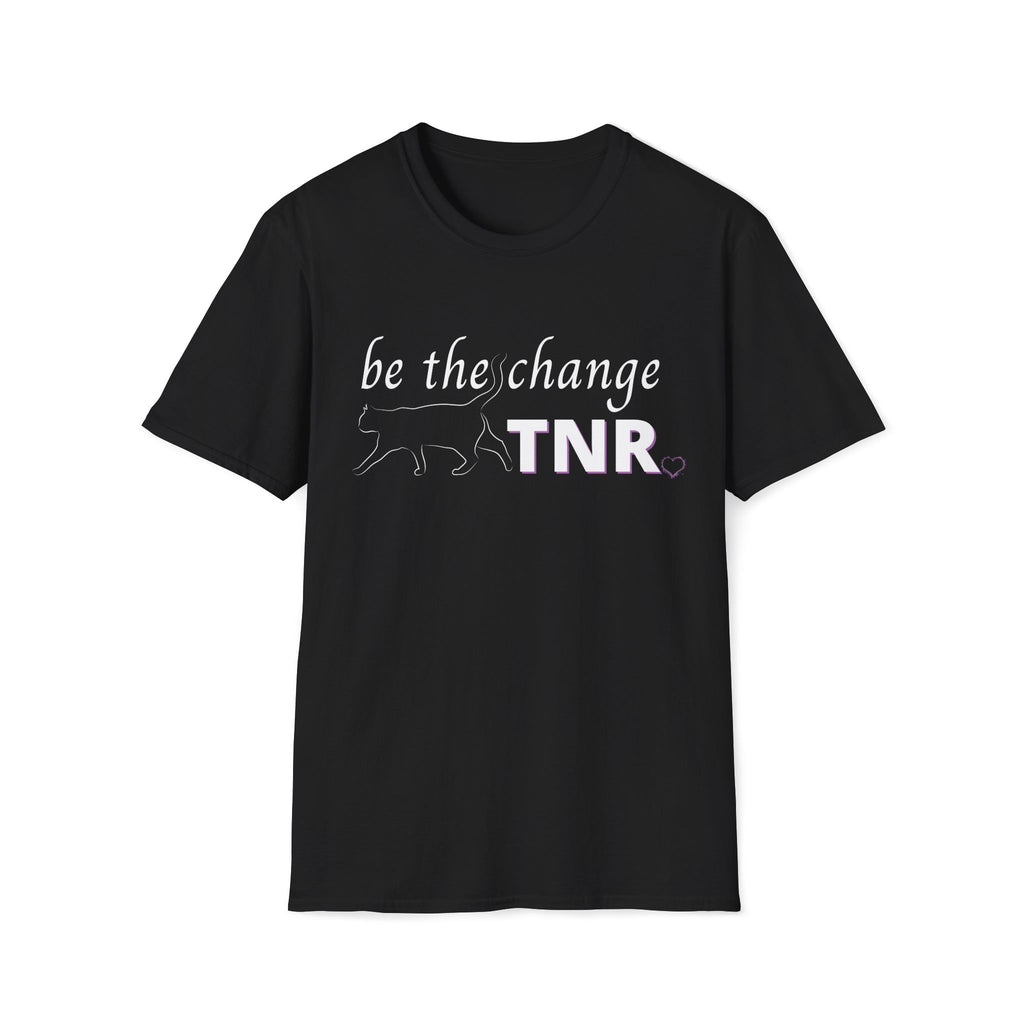 Black Tee with bold text TNR Be the Change with minimalist line art design of a cat with upright tail and a small heart designed to appeal to Trap Neuter Release advocates and feral cat trappers
