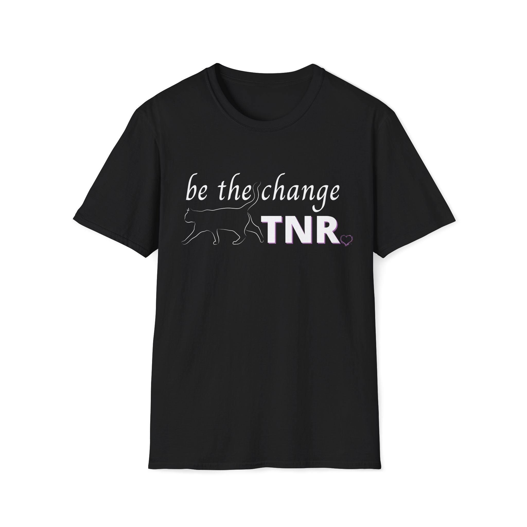 Black Tee with bold text TNR Be the Change with minimalist line art design of a cat with upright tail and a small heart designed to appeal to Trap Neuter Release advocates and feral cat trappers