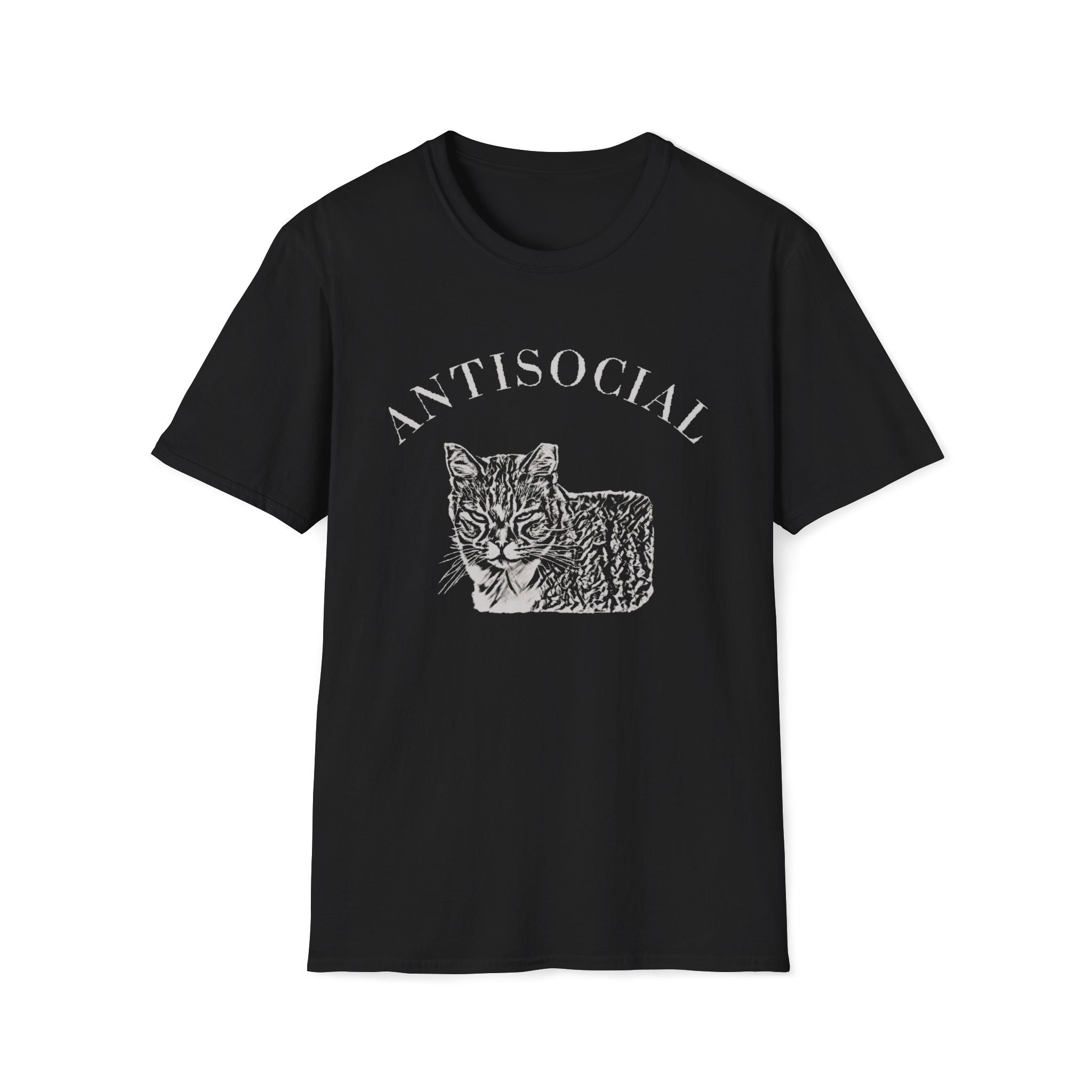 black T-shirt with a grumpy cat illustration and the word ‘Antisocial.’ Funny cat lover and rescue volunteer shirt. Cat With Ear Tip makes it perfect for TNR Feral Cat Trap Advocates