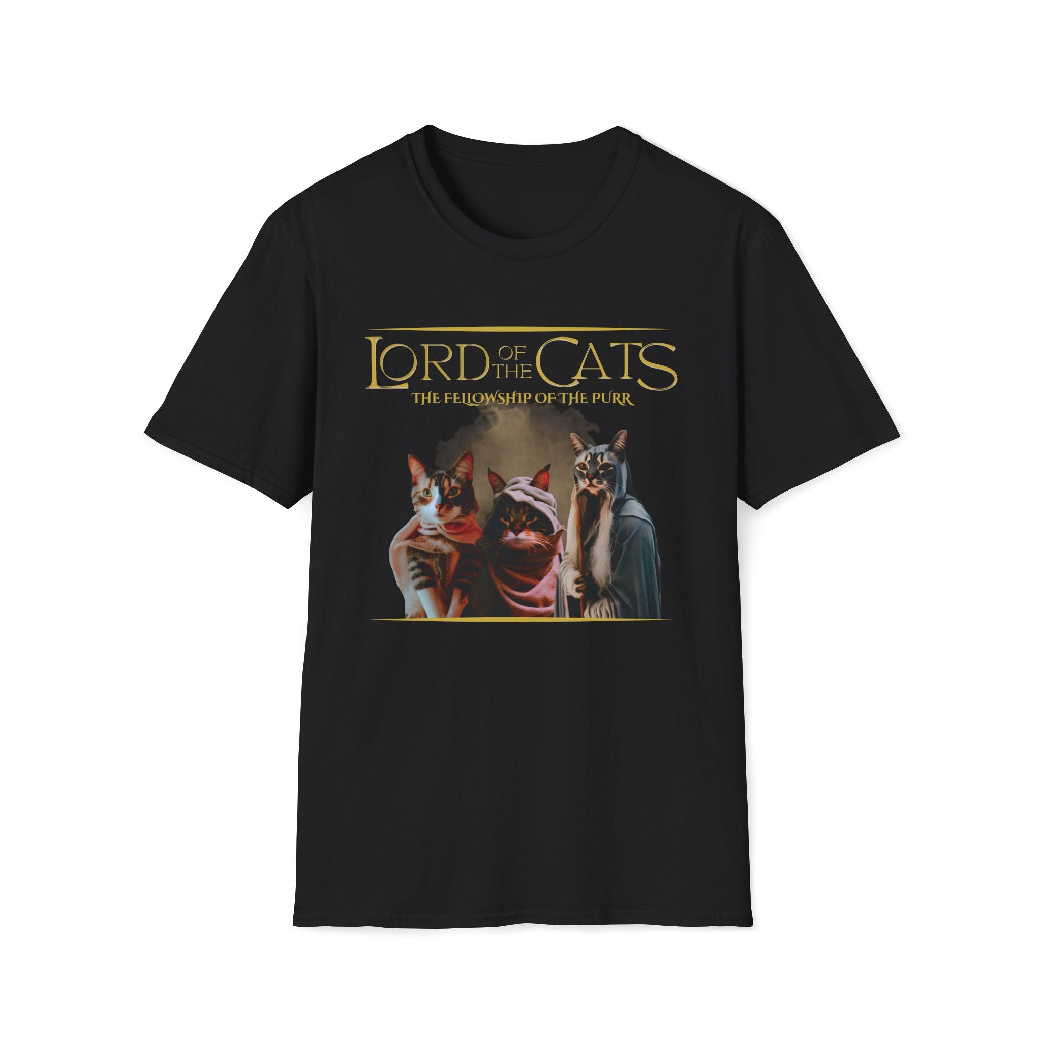 Black shirt featuring three cats dressed in fantasy-style cloaks with text ‘Lord of the Cats – The Fellowship of the Purr.’ Movie Parody. Soft 100% ringspun cotton cat lover shirt