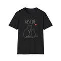Black t-shirt with 'RESCUE' text and cat illustrations on a white background