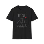 Black t-shirt with 'RESCUE' text and cat illustrations on a white background