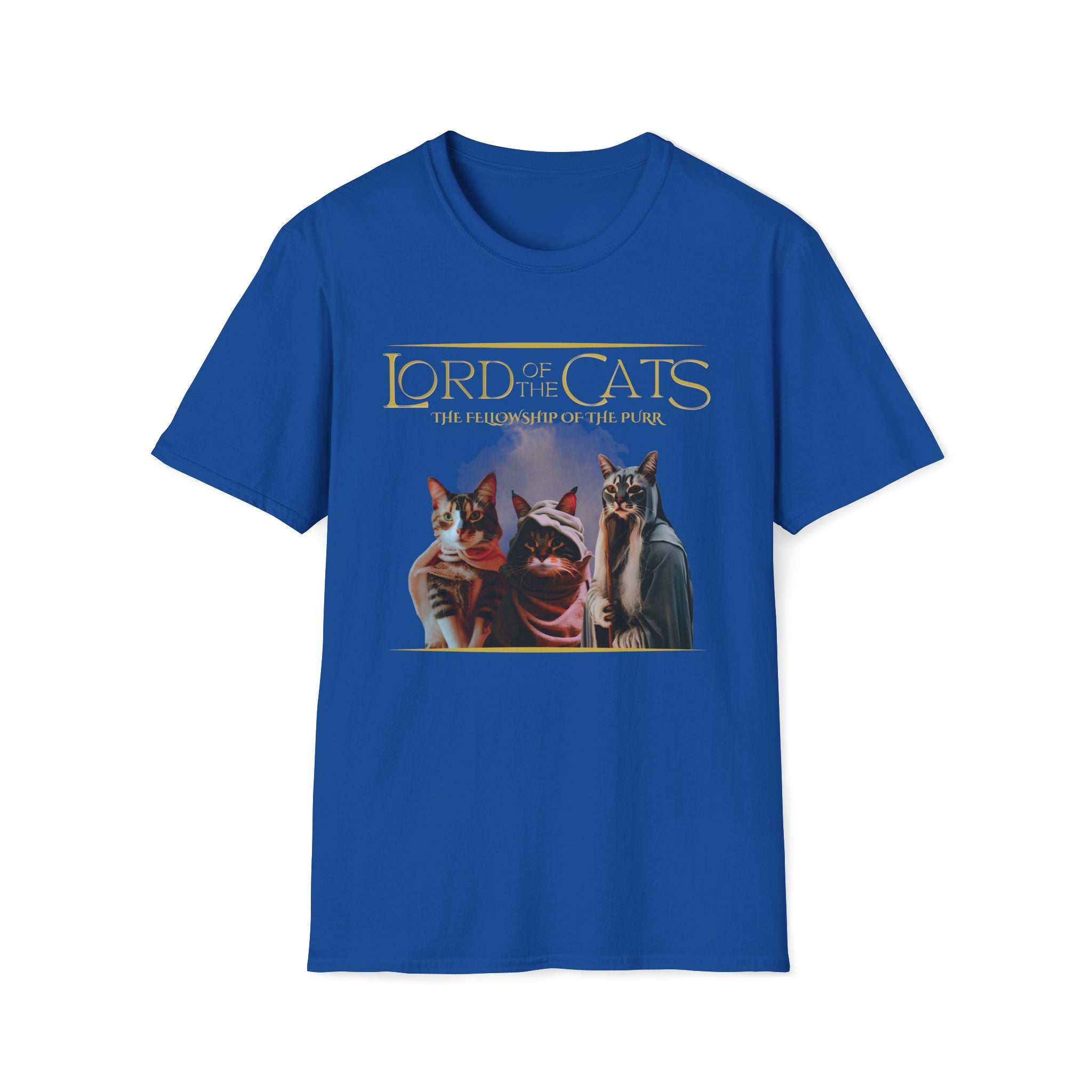 Blue t-shirt with 'Lord of the Cats' graphic featuring three cats tolkien movie parody tshirt