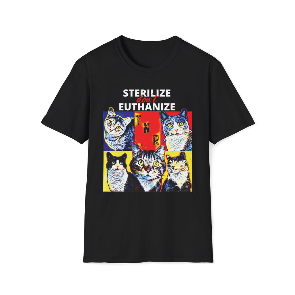 black shirt with original artistic design featuring eartipped cats and the words TNR Sterilize Don't Euthanize advocating for feral and stray cat populations. Perfect for Feral Cat Trapper Rescue Volunteer and Spay Neuter Clinic worker and veterinary tech.