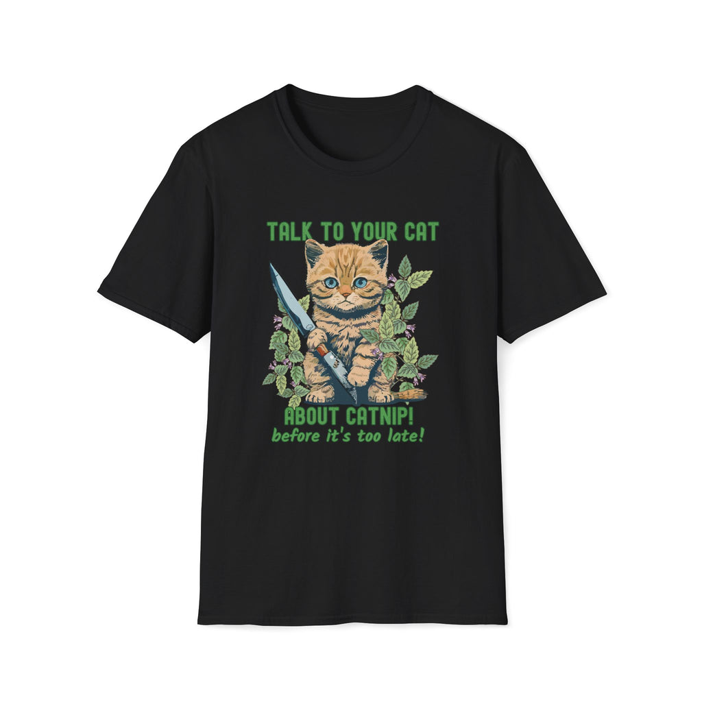 Black t-shirt with a cat graphic and text on a white background