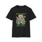Black t-shirt with a cat graphic and text on a white background