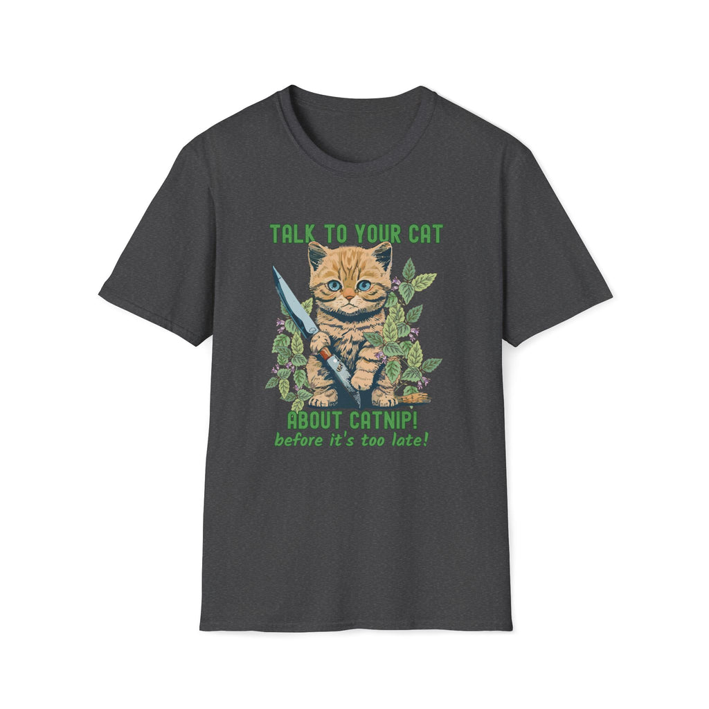 Dark gray t-shirt with a cat graphic and text on a white background