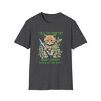 Dark gray t-shirt with a cat graphic and text on a white background