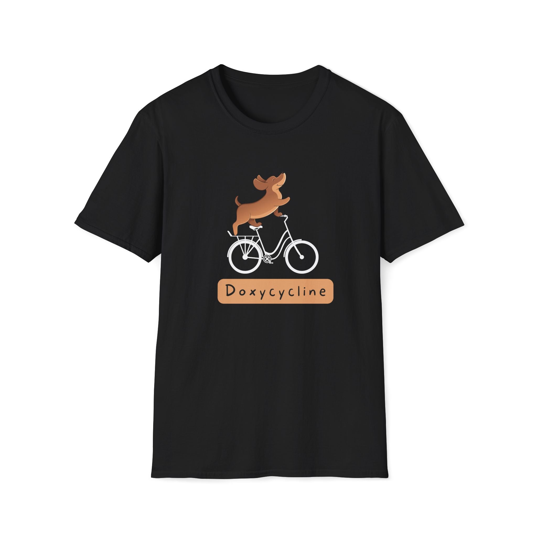 Black t-shirt with a cartoon dog riding a bicycle and the word ‘Doxycycline.’ Cute vet-med pun shirt