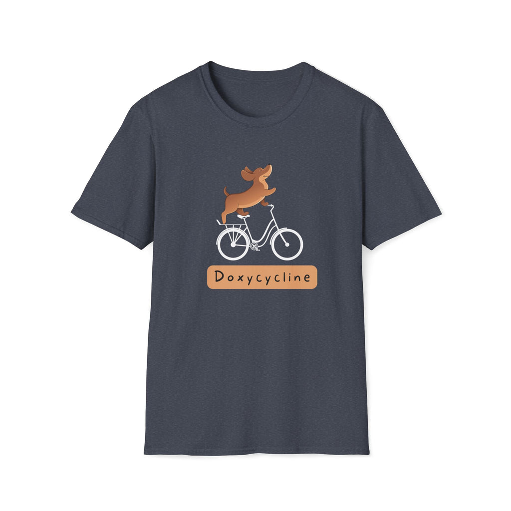 Heather Navy t-shirt with a cartoon dog riding a bicycle and the word ‘Doxycycline.’ Cute vet-med pun shirt
