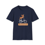 Navy t-shirt with a cartoon dog riding a bicycle and the word ‘Doxycycline.’ Cute vet-med pun shirt
