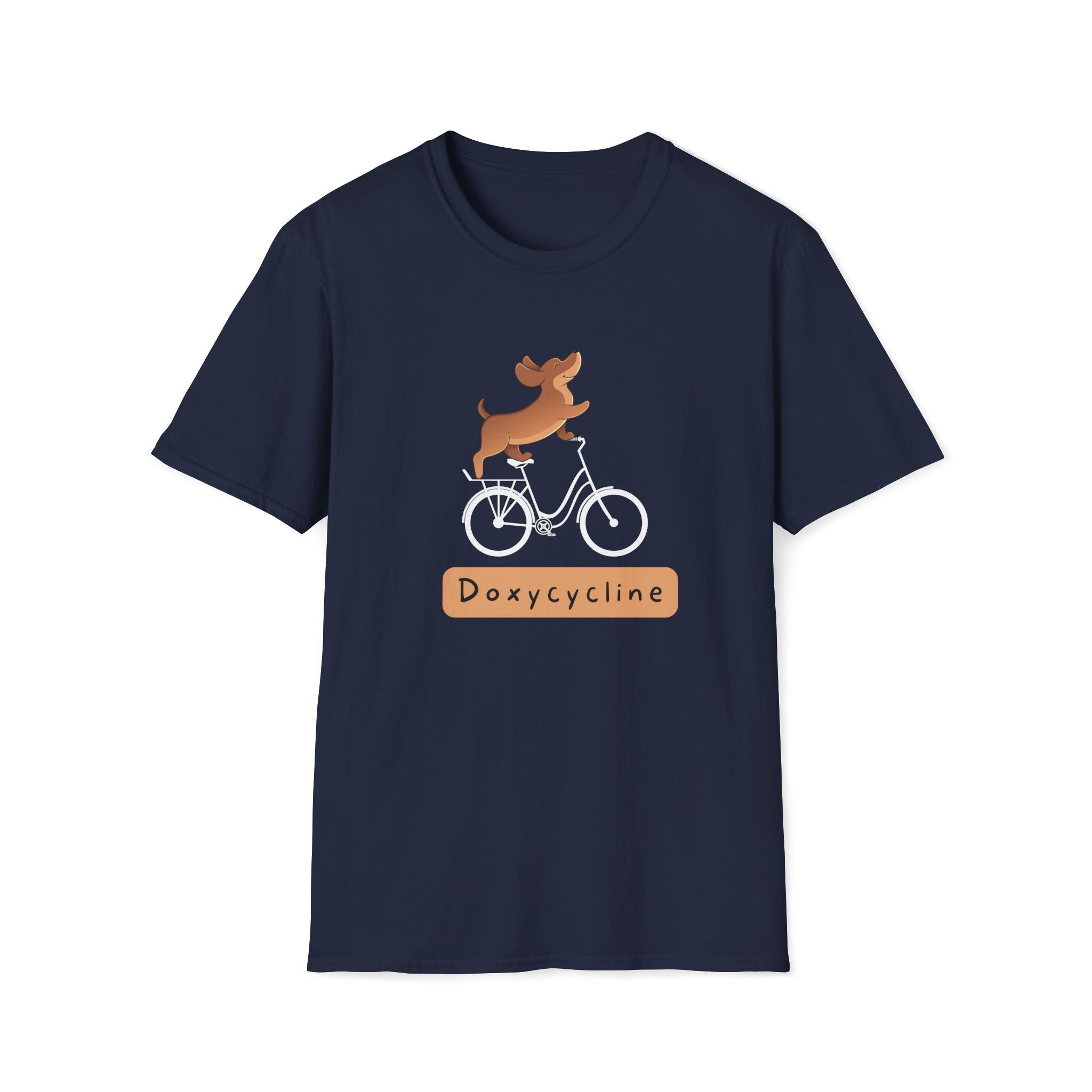 Navy t-shirt with a cartoon dog riding a bicycle and the word ‘Doxycycline.’ Cute vet-med pun shirt