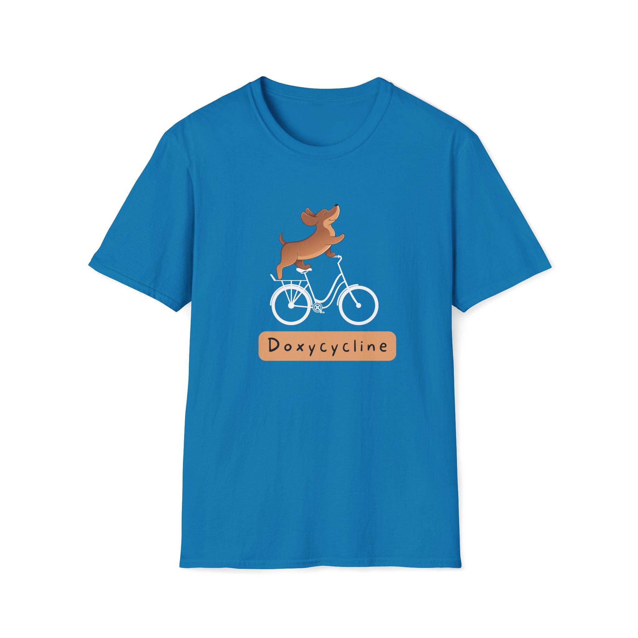 Turquoise t-shirt with a cartoon dog riding a bicycle and the word ‘Doxycycline.’ Cute vet-med pun shirt