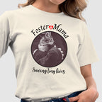 Person wearing a t-shirt with 'Foster Mama Saving Tiny Lives' design featuring a kitten and person holding tabby foster kitten.