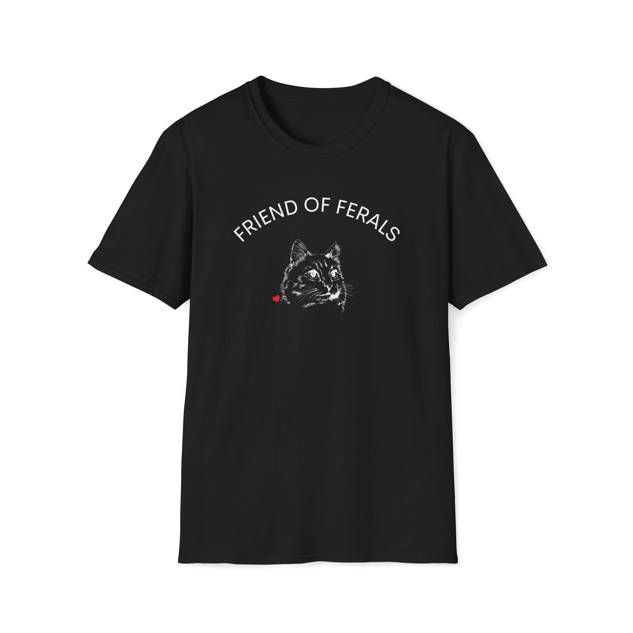 A man wearing a black “Friend of Ferals” TNR awareness shirt featuring a detailed cat illustration and red heart, standing outdoors in the woods. This feral cat rescue shirt supports animal rescue, TNR, and community cat advocates — perfect gift for cat lovers and volunteers.