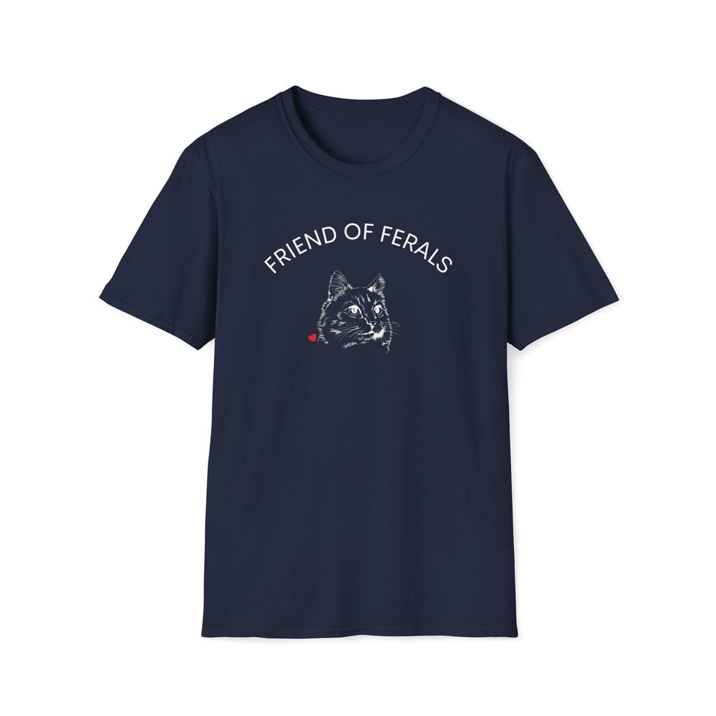 A man wearing a black “Friend of Ferals” TNR awareness shirt featuring a detailed cat illustration and red heart, standing outdoors in the woods. This feral cat rescue shirt supports animal rescue, TNR, and community cat advocates — perfect gift for cat lovers and volunteers. Stray Cat lover.