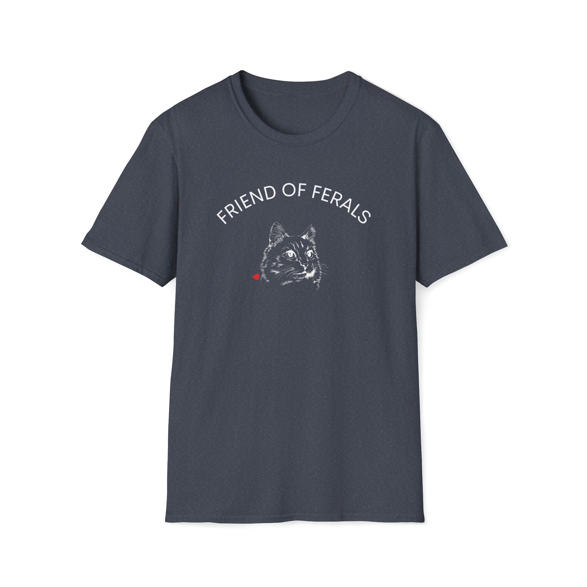 A man wearing a black “Friend of Ferals” TNR awareness shirt featuring a detailed cat illustration and red heart, standing outdoors in the woods. This feral cat rescue shirt supports animal rescue, TNR, and community cat advocates — perfect gift for cat lovers and volunteers. Colony Cat Caregiver Animal Rescue shirt