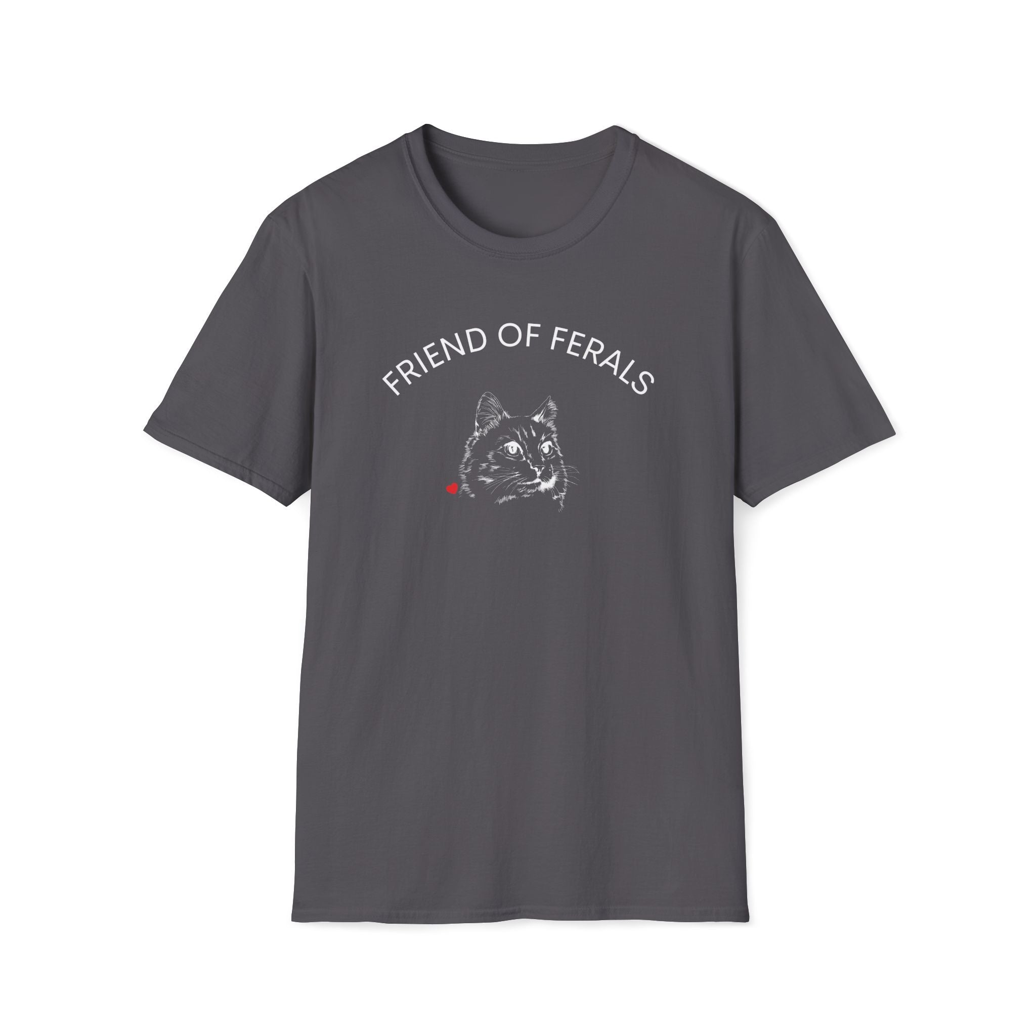 A man wearing a black “Friend of Ferals” TNR awareness shirt featuring a detailed cat illustration and red heart, standing outdoors in the woods. This feral cat rescue shirt supports animal rescue, TNR, and community cat advocates — perfect gift for cat lovers and volunteers. Colony Cat Caregiver, Stray Cat Lover, Feral Cat volunteer