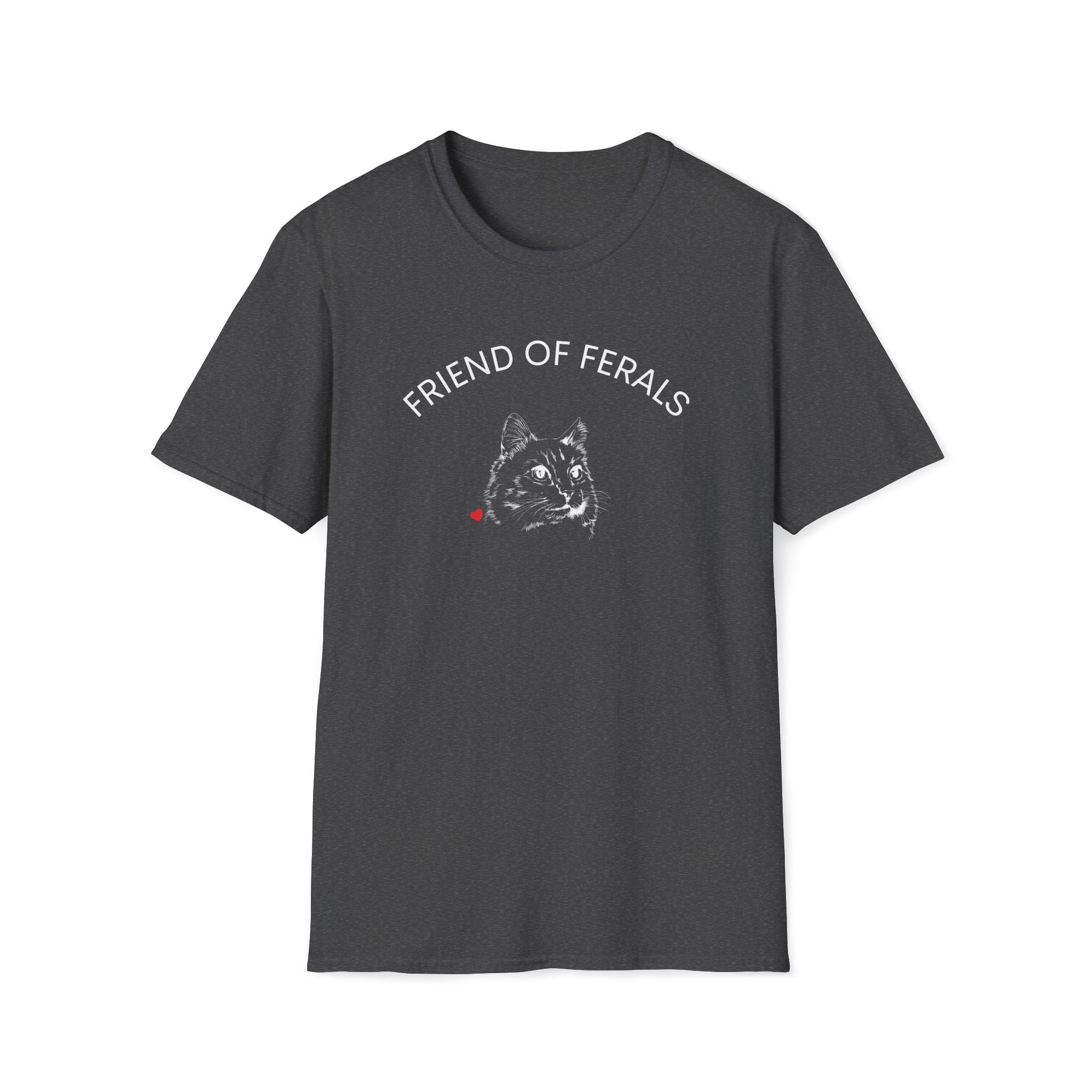 Stray Cat Lover, Street Care Caregiver, Feral Cat Colony Gift.A man wearing a black “Friend of Ferals” TNR awareness shirt featuring a detailed cat illustration and red heart, standing outdoors in the woods. This feral cat rescue shirt supports animal rescue, TNR, and community cat advocates — perfect gift for cat lovers and volunteers.