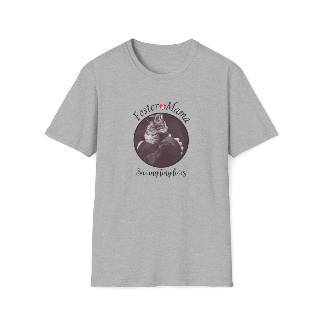 Gray t-shirt with a cat graphic and text on a white background