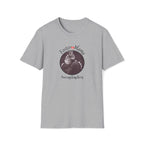 Gray t-shirt with a cat graphic and text on a white background