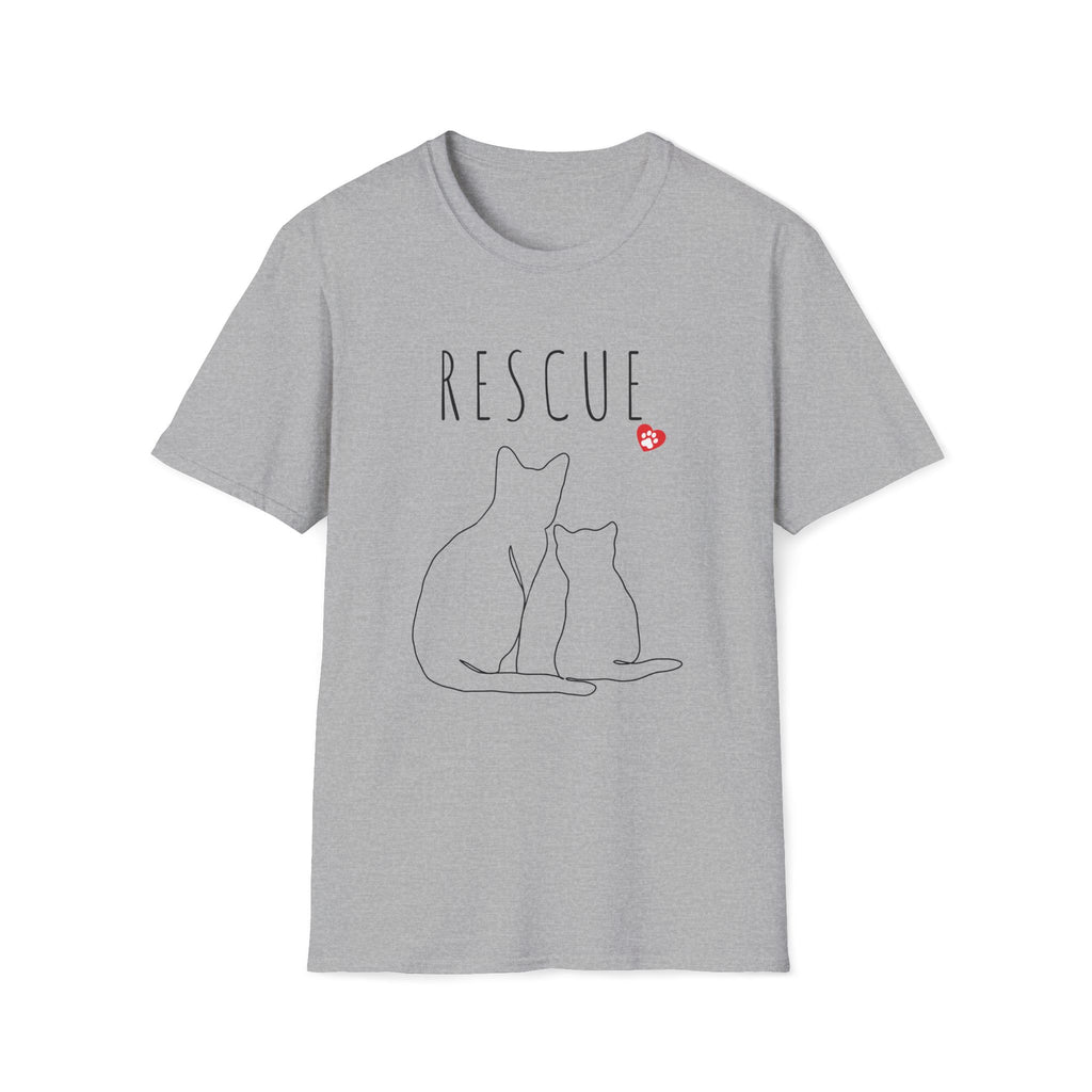 Gray t-shirt with 'RESCUE' text and cat illustrations on a white background