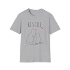 Gray t-shirt with 'RESCUE' text and cat illustrations on a white background