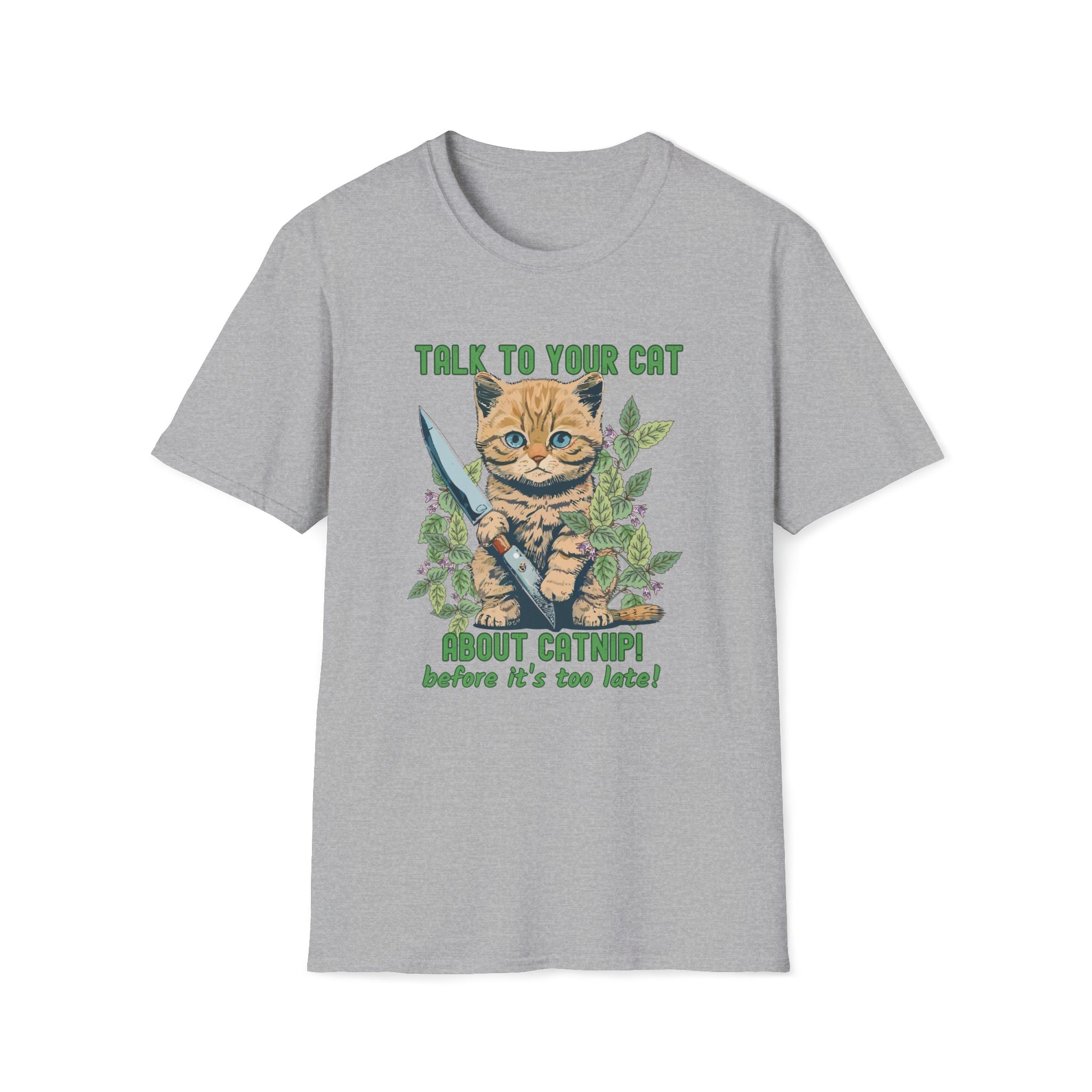 Gray t-shirt with a graphic of a cat holding a sword and text on a white background