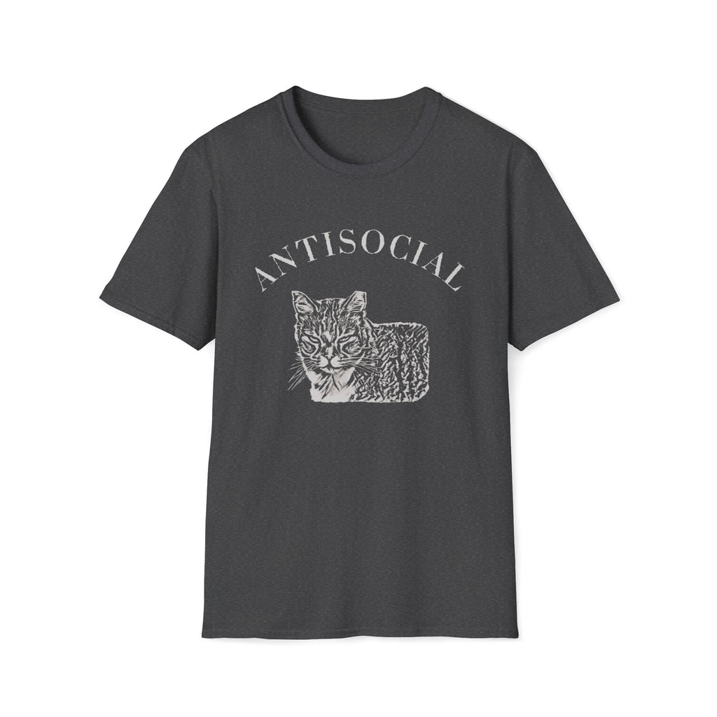 Heather Gray T-shirt with a grumpy cat illustration and the word ‘Antisocial.’ Funny cat lover and rescue volunteer shirt. Cat With Ear Tip makes it perfect for TNR Feral Cat Trap Advocates