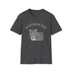 Heather Gray T-shirt with a grumpy cat illustration and the word ‘Antisocial.’ Funny cat lover and rescue volunteer shirt. Cat With Ear Tip makes it perfect for TNR Feral Cat Trap Advocates