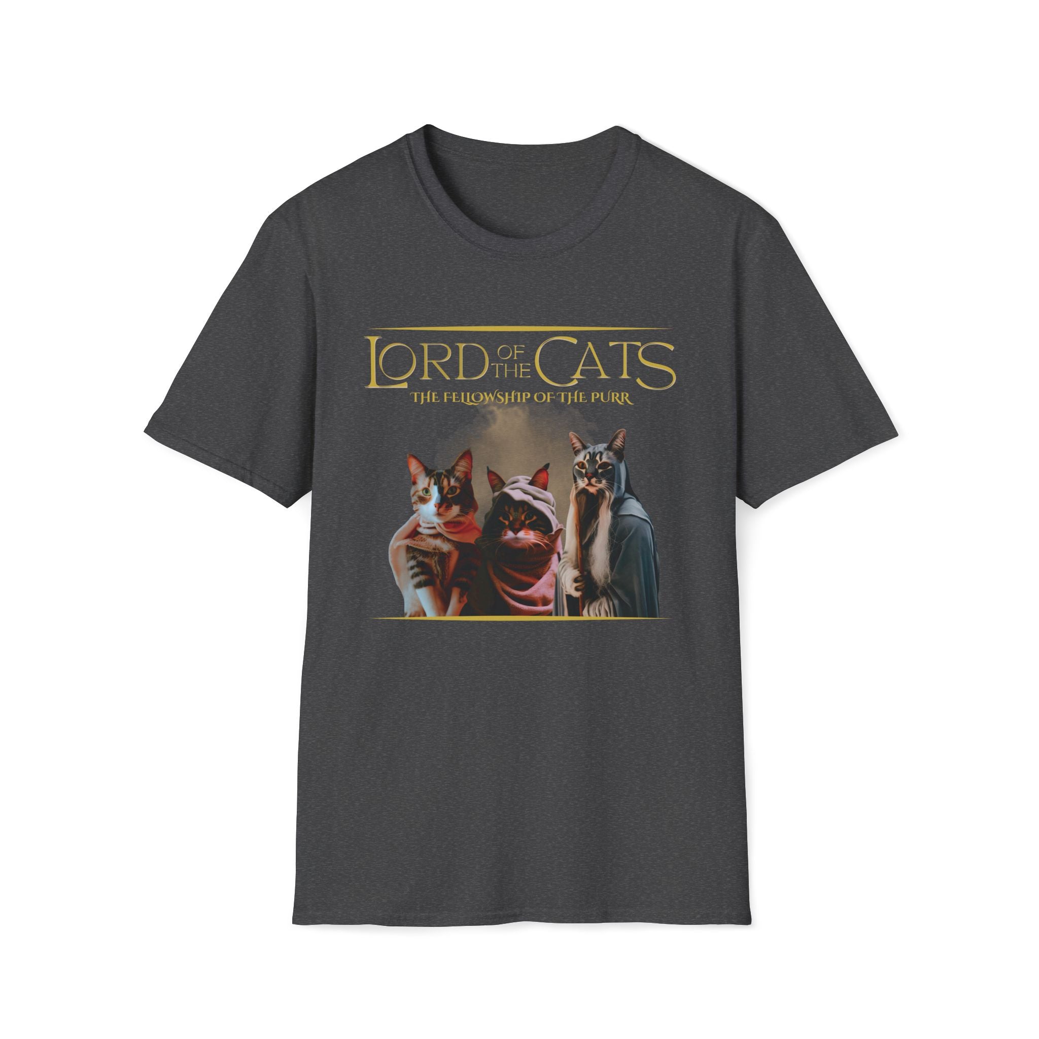 Dark gray t-shirt with 'Lord of the Cats' graphic featuring cats in costumes Movie parody for cat lover