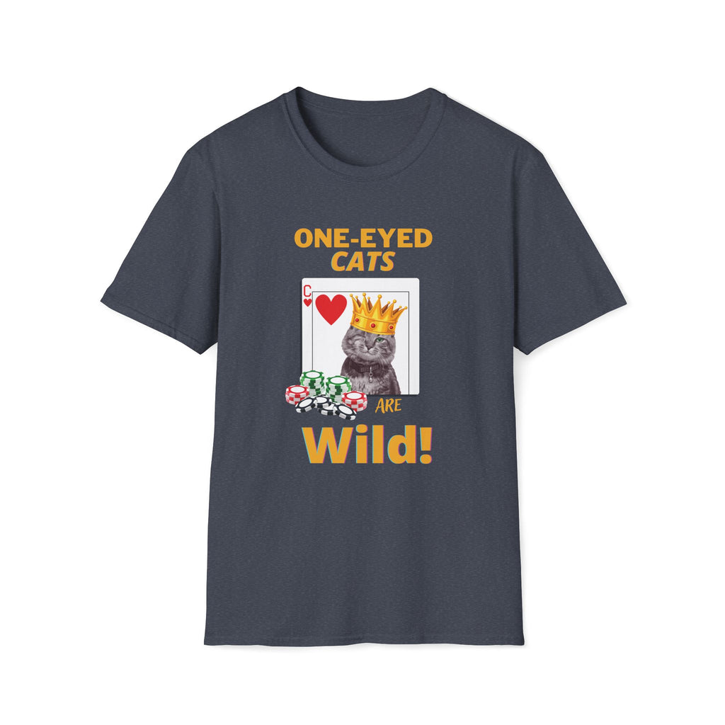 Navy blue t-shirt with a graphic of a cat wearing a crown and text 'One-eyed cats are wild!' on a white background.