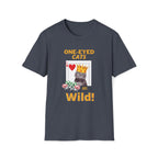 Navy blue t-shirt with a graphic of a cat wearing a crown and text 'One-eyed cats are wild!' on a white background.