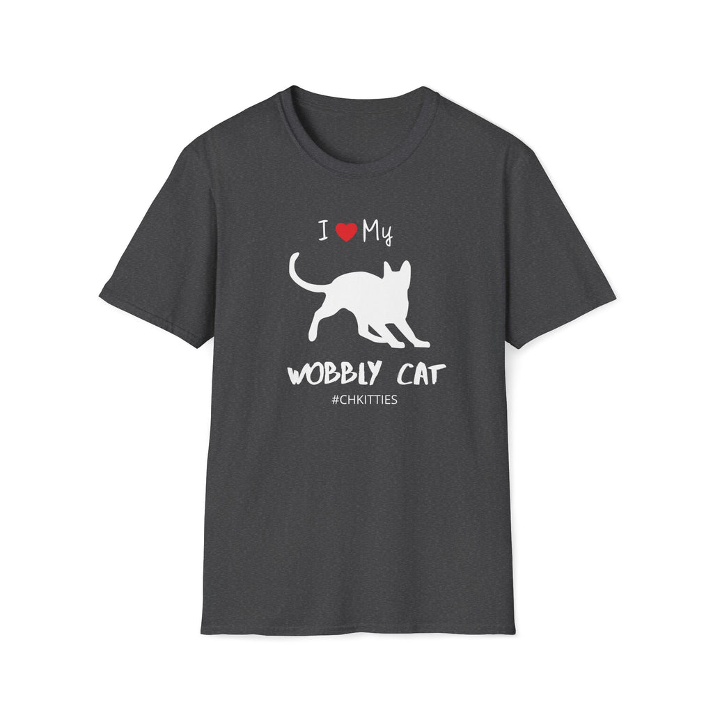 Dark Heather t-shirt with a white silhouette of a wobbly cat and text reading ‘I Love My Wobbly Cat #CHKITTIES.’ Special-needs CH cerebellar hypoplasia cat awareness shirt flat lay mockup