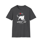 Dark Heather t-shirt with a white silhouette of a wobbly cat and text reading ‘I Love My Wobbly Cat #CHKITTIES.’ Special-needs CH cerebellar hypoplasia cat awareness shirt flat lay mockup