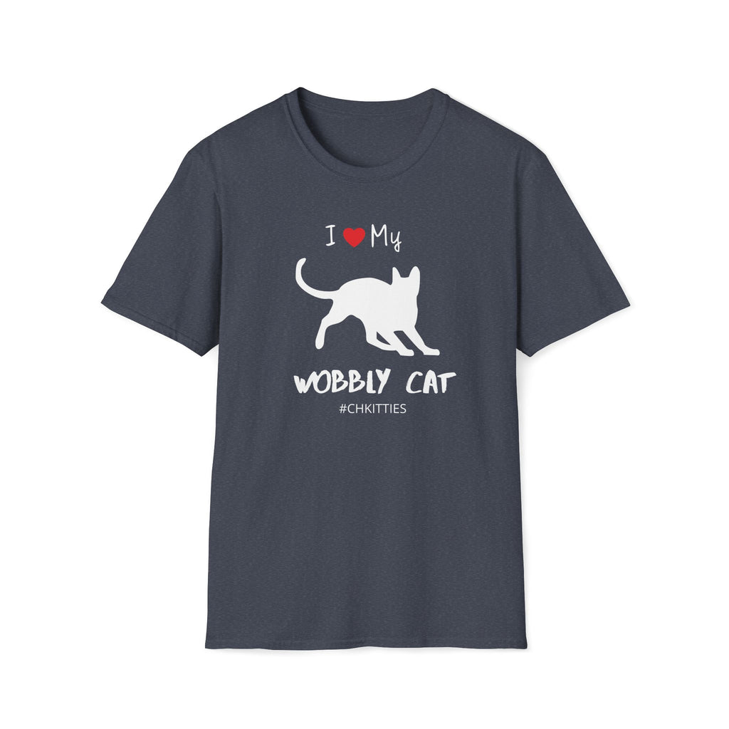 Heather Navy t-shirt with a white silhouette of a wobbly cat and text reading ‘I Love My Wobbly Cat #CHKITTIES.’ Special-needs CH cerebellar hypoplasia cat awareness shirt flat lay mockup