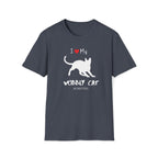 Heather Navy t-shirt with a white silhouette of a wobbly cat and text reading ‘I Love My Wobbly Cat #CHKITTIES.’ Special-needs CH cerebellar hypoplasia cat awareness shirt flat lay mockup