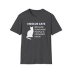 Dark Heather soft t-shirt with white cat silhouette and text that reads ‘I Rescue Cats Because Punching People Is Frowned Upon.’ Funny cat rescue graphic tee. Perfect for TNR advocates, animal rescue volunteers and cat rescues.