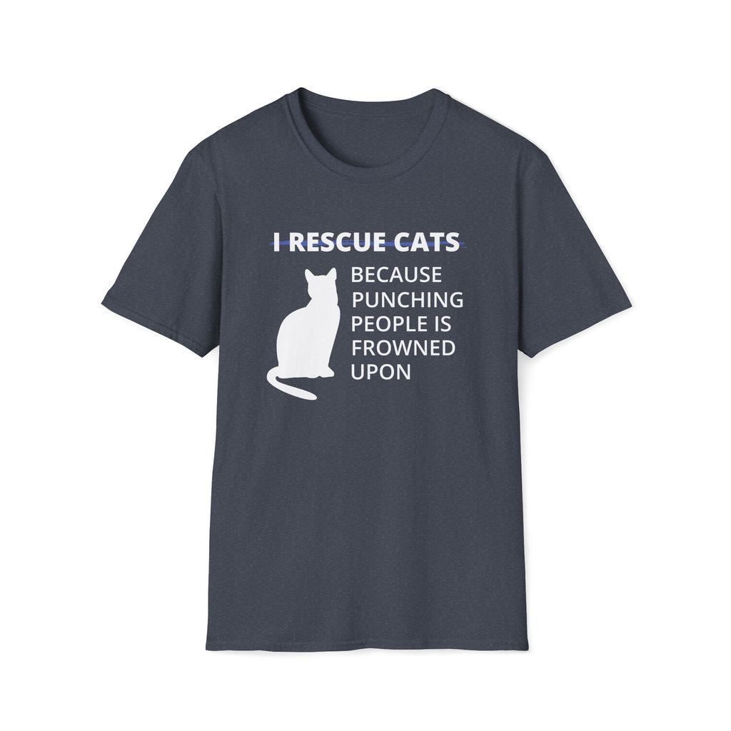 Navy Heather soft t-shirt with white cat silhouette and text that reads ‘I Rescue Cats Because Punching People Is Frowned Upon.’ Funny cat rescue graphic tee. Perfect for TNR advocates, animal rescue volunteers and cat rescues.