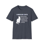 Navy Heather soft t-shirt with white cat silhouette and text that reads ‘I Rescue Cats Because Punching People Is Frowned Upon.’ Funny cat rescue graphic tee. Perfect for TNR advocates, animal rescue volunteers and cat rescues.