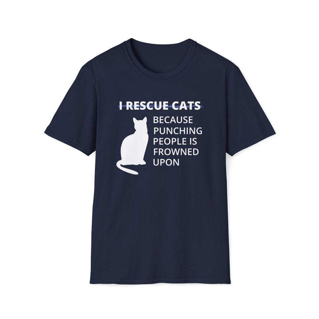 Navy soft t-shirt with white cat silhouette and text that reads ‘I Rescue Cats Because Punching People Is Frowned Upon.’ Funny cat rescue graphic tee. Perfect for TNR advocates, animal rescue volunteers and cat rescues.