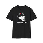 Black t-shirt with a white silhouette of a wobbly cat and text reading ‘I Love My Wobbly Cat #CHKITTIES.’ Special-needs CH cerebellar hypoplasia cat awareness shirt flat lay mockup