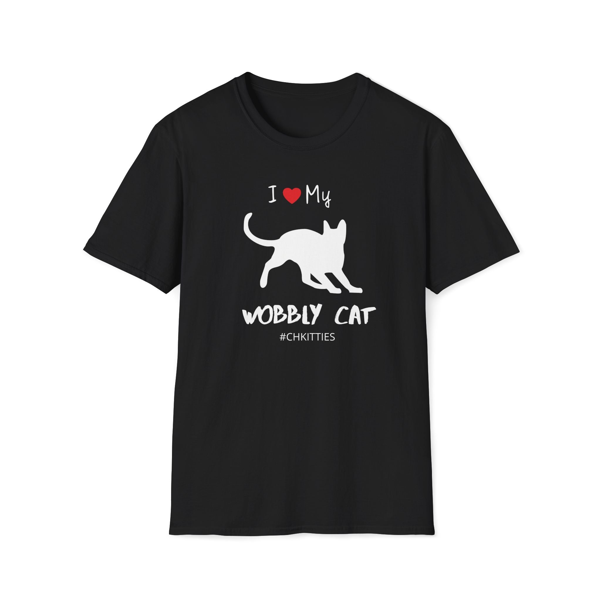 Black t-shirt with a white silhouette of a wobbly cat and text reading ‘I Love My Wobbly Cat #CHKITTIES.’ Special-needs CH cerebellar hypoplasia cat awareness shirt flat lay mockup