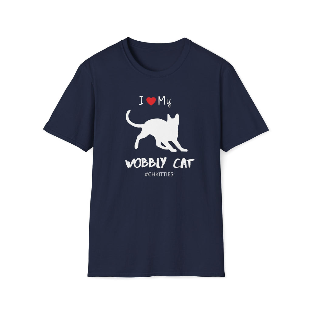 Navy t-shirt with a white silhouette of a wobbly cat and text reading ‘I Love My Wobbly Cat #CHKITTIES.’ Special-needs CH cerebellar hypoplasia cat awareness shirt flat lay mockup