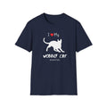 Navy t-shirt with a white silhouette of a wobbly cat and text reading ‘I Love My Wobbly Cat #CHKITTIES.’ Special-needs CH cerebellar hypoplasia cat awareness shirt flat lay mockup