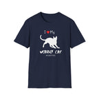 Navy t-shirt with a white silhouette of a wobbly cat and text reading ‘I Love My Wobbly Cat #CHKITTIES.’ Special-needs CH cerebellar hypoplasia cat awareness shirt flat lay mockup