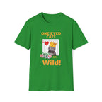 Irish Green t-shirt with a graphic of a cat wearing a crown and text 'One-Eyed Cats Are Wild!' on a white background.