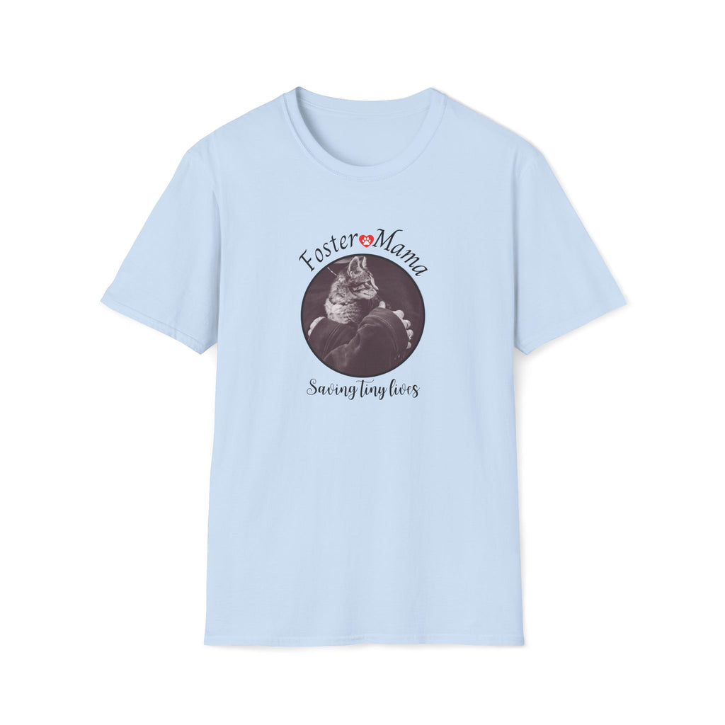 Light blue t-shirt with a graphic of a cat and text on a white background